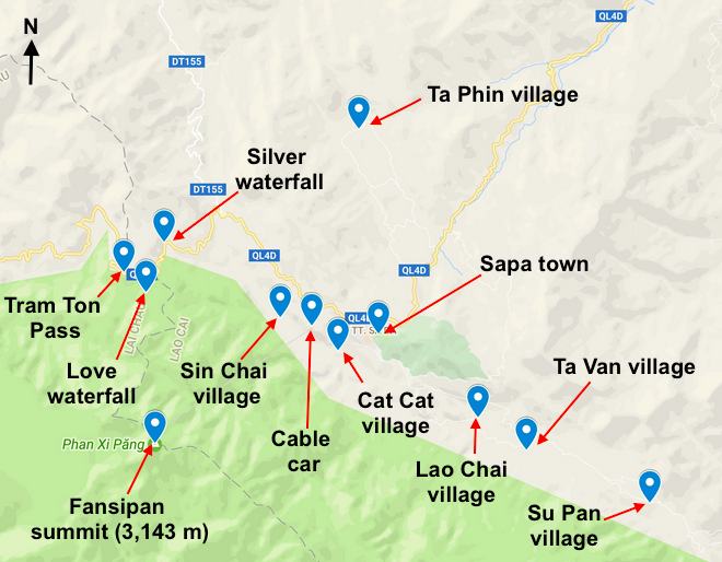 Sapa, carte des sites connus
